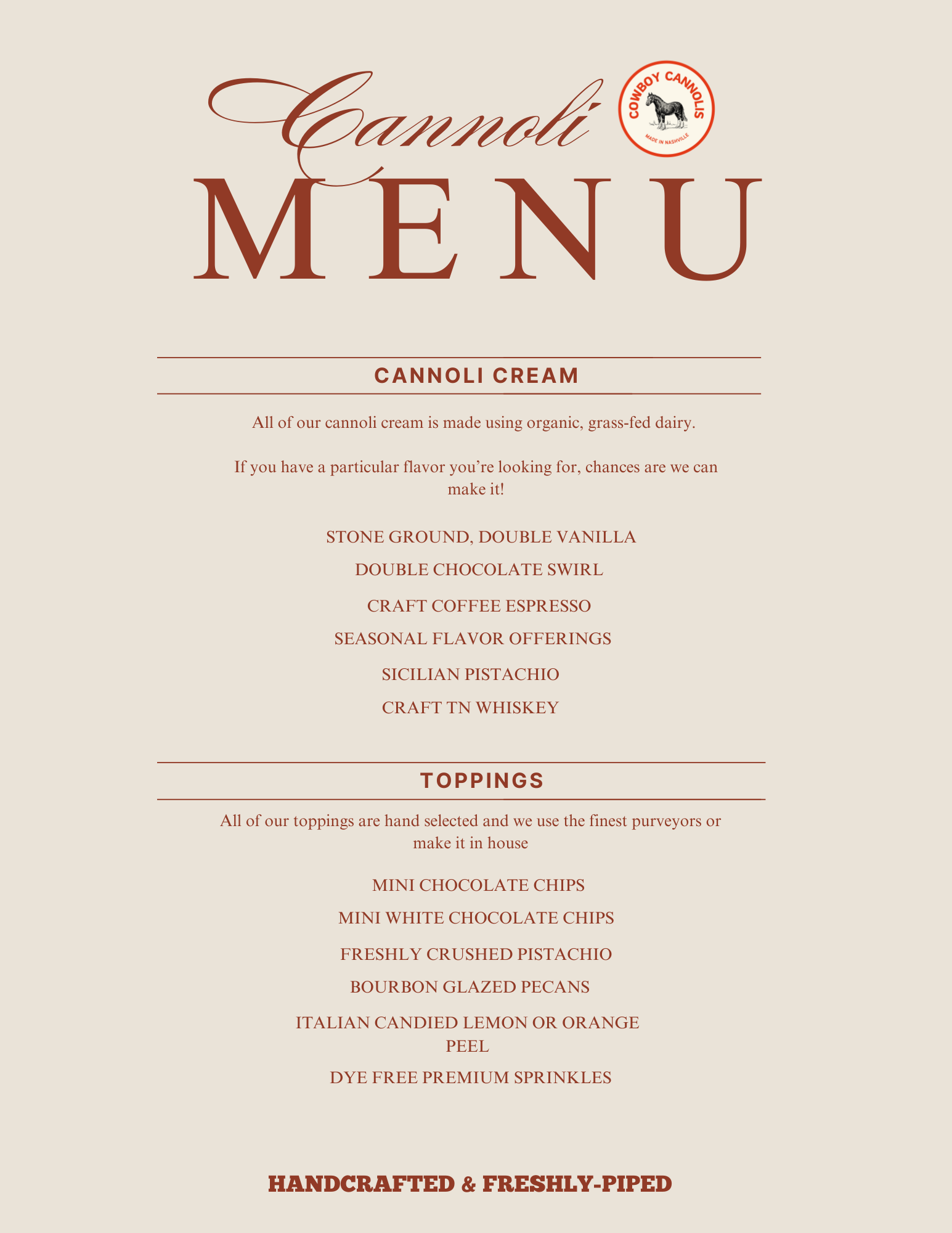 Cannoli menu featuring cannoli cream with flavors like double vanilla, double chocolate swirl, and Sicilian pistachio, along with toppings such as mini chocolate chips, crushed pistachio, candied lemon or orange peel, and sprinkles.