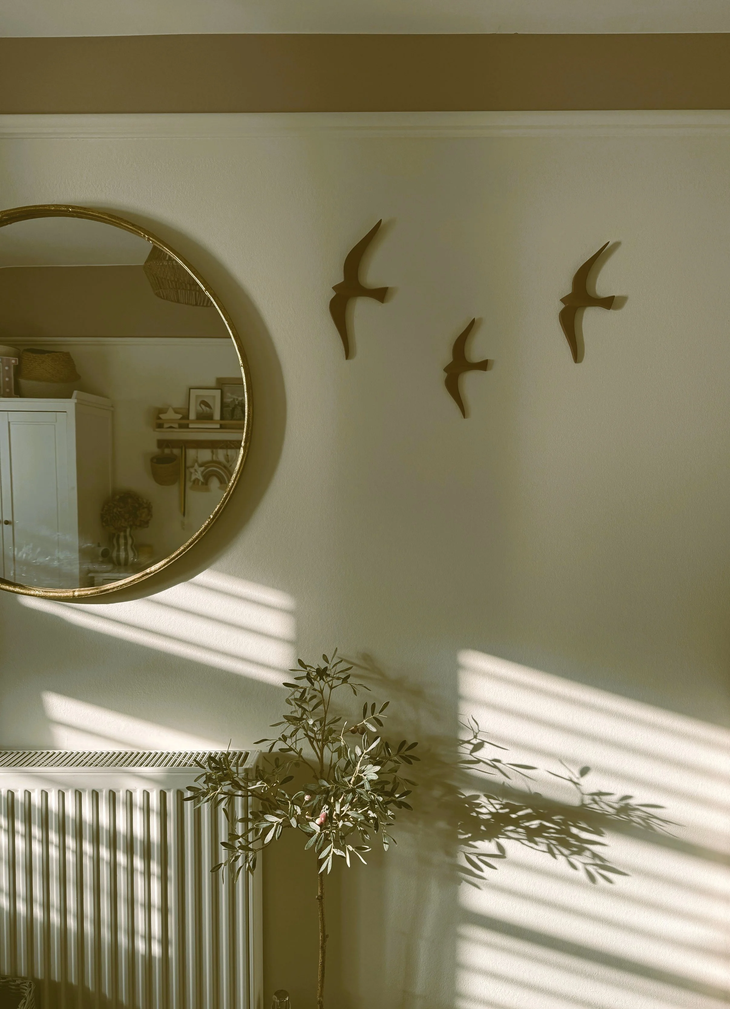 Decorative wall with three bird-shaped wall hangings, a round mirror reflecting indoor items, a potted plant with shadows cast by window blinds, and a white radiator.
