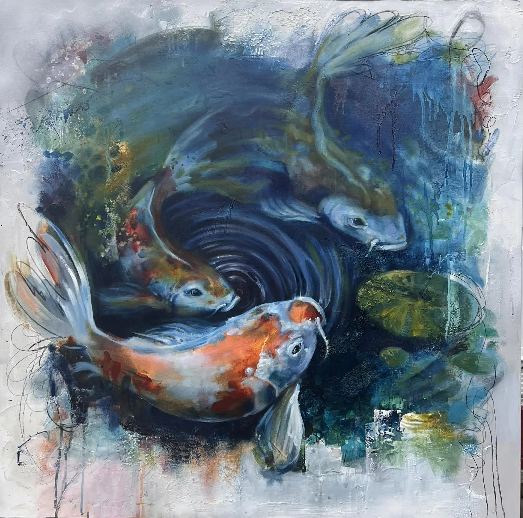 An abstract painting of three koi fish swimming in a pond with swirling water and lily pads.