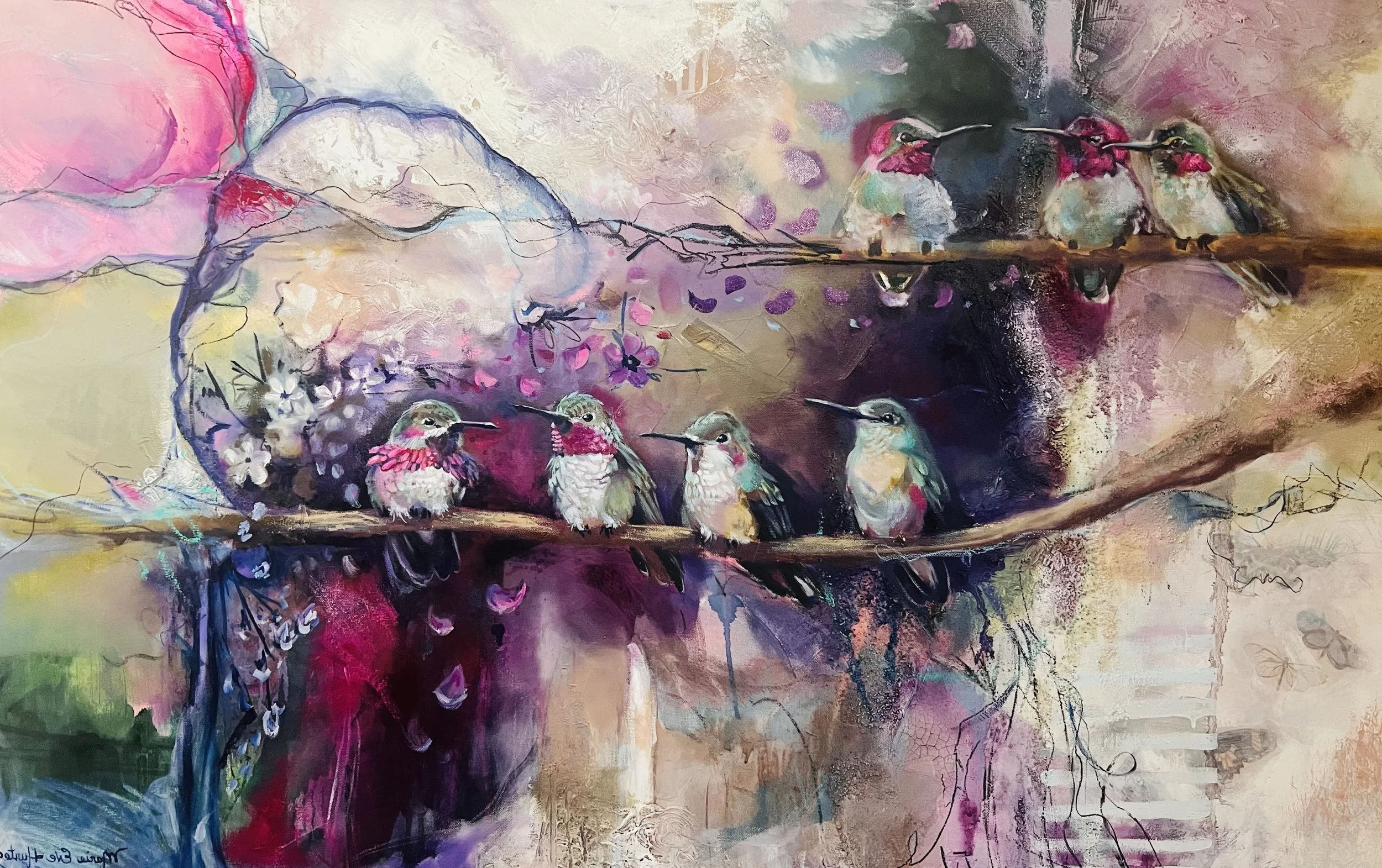 A colorful painting of hummingbirds sitting on a branch with a vibrant, abstract background of pinks, purples, and greens.