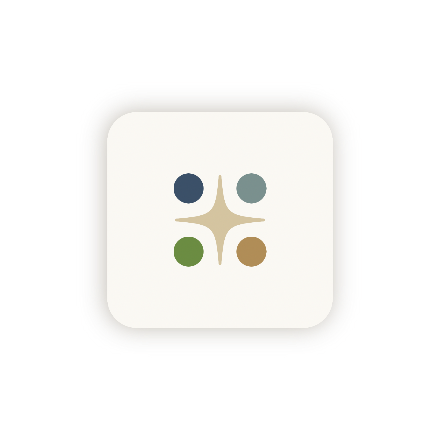 Illustration of a square icon with rounded corners, containing four colored circles arranged around a central star shape.