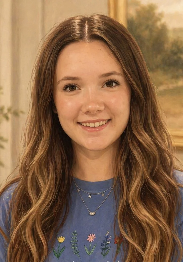 Young woman with long, wavy brown hair smiling at the camera, wearing a blue T-shirt with a floral design and layered necklaces in front of a blurred artistic background.