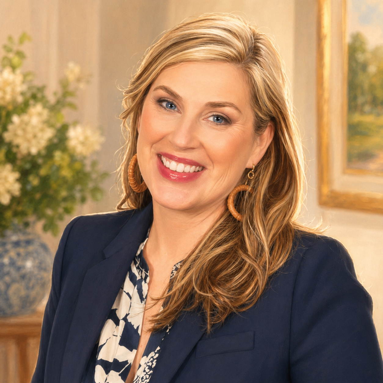 A woman with blonde, wavy hair smiling, wearing a navy blazer and large hoop earrings, in a room with a framed landscape painting and flowers in the background.