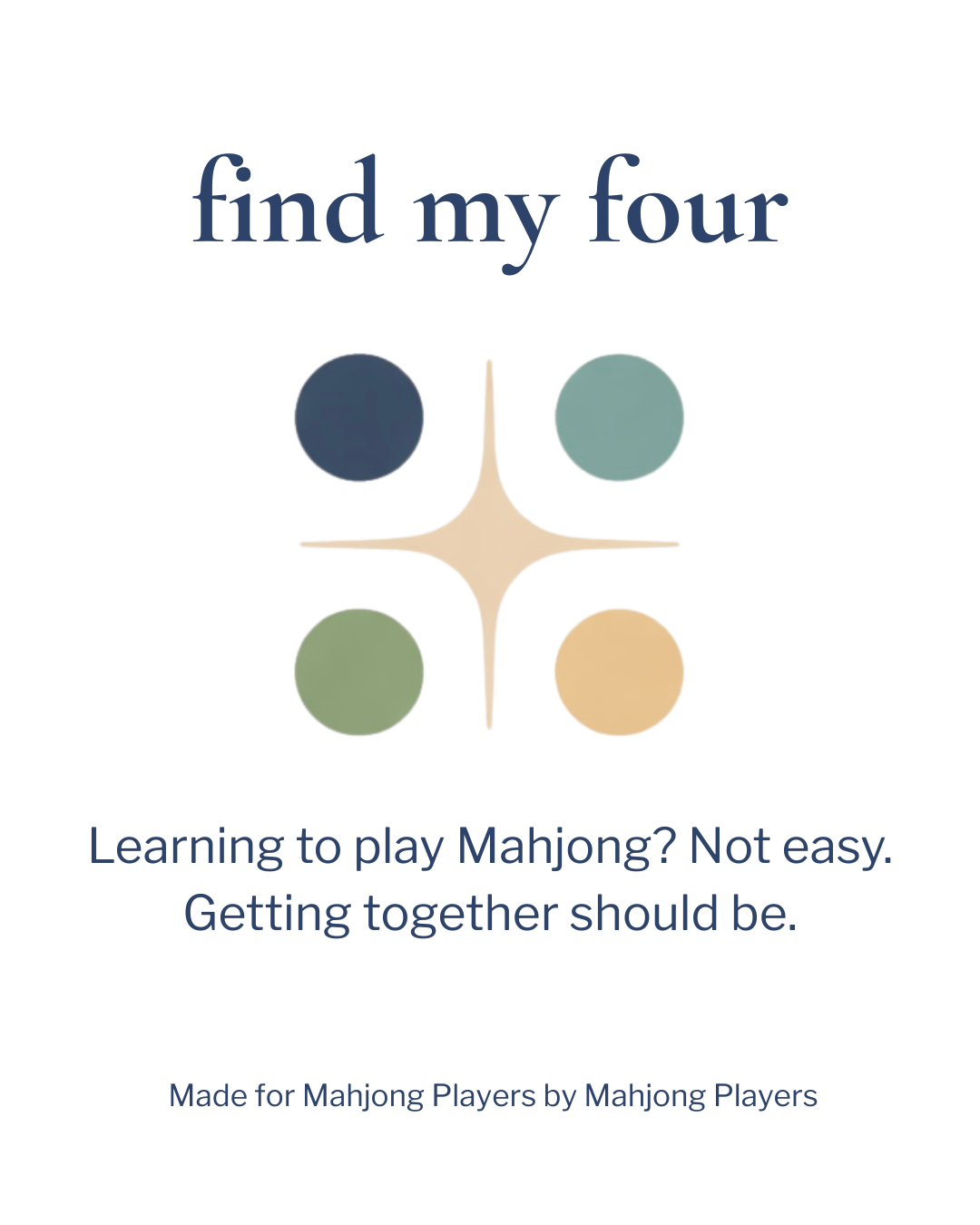 Cover of a Mahjong guide titled "find my four" with a four-color makeup of dots arranged around a central starburst and text about learning to play Mahjong.