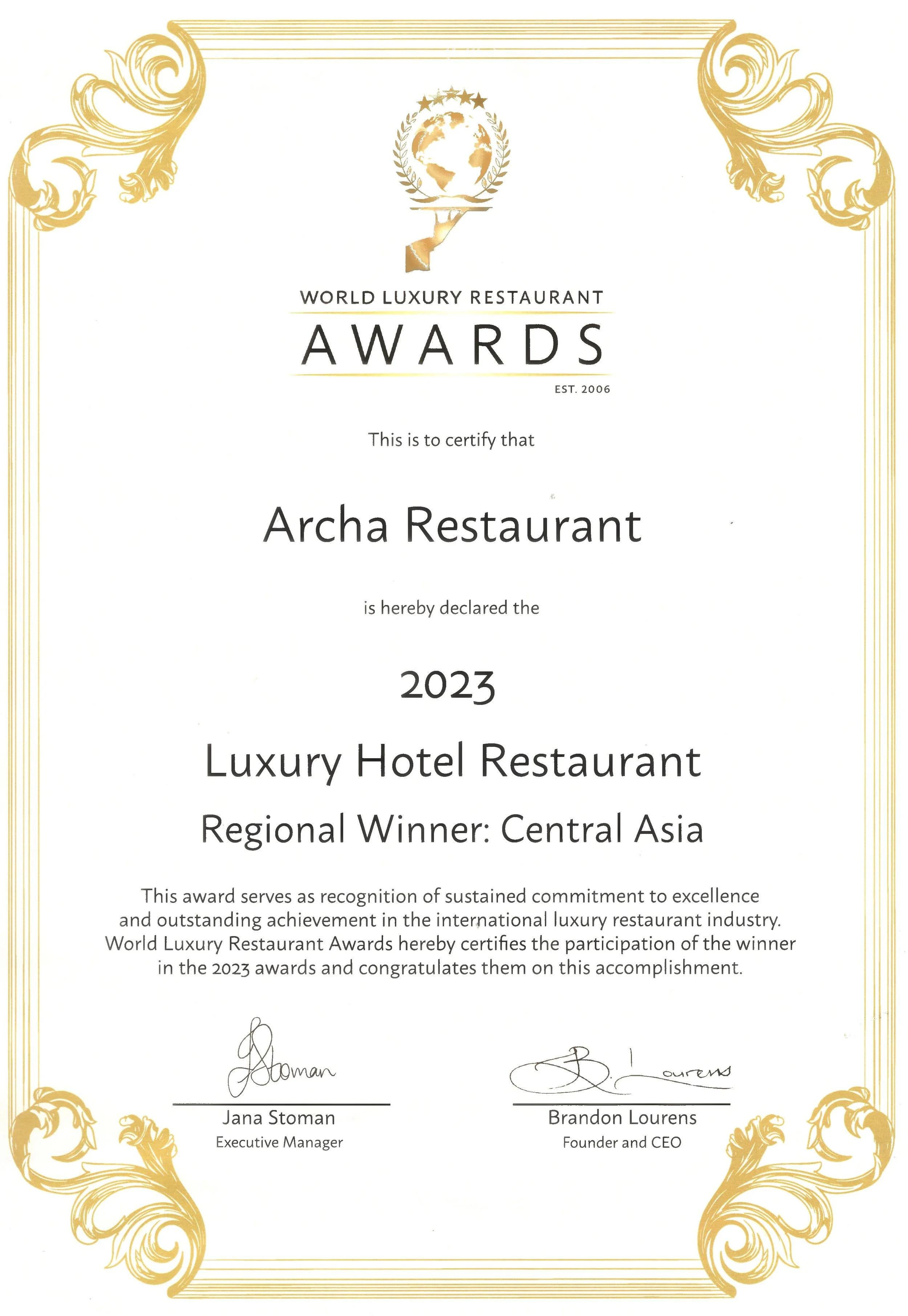 World Luxury Restaurant Awards 2023 – Best Luxury Hotel Restaurant in Central Asia awarded to Archa Restaurant
