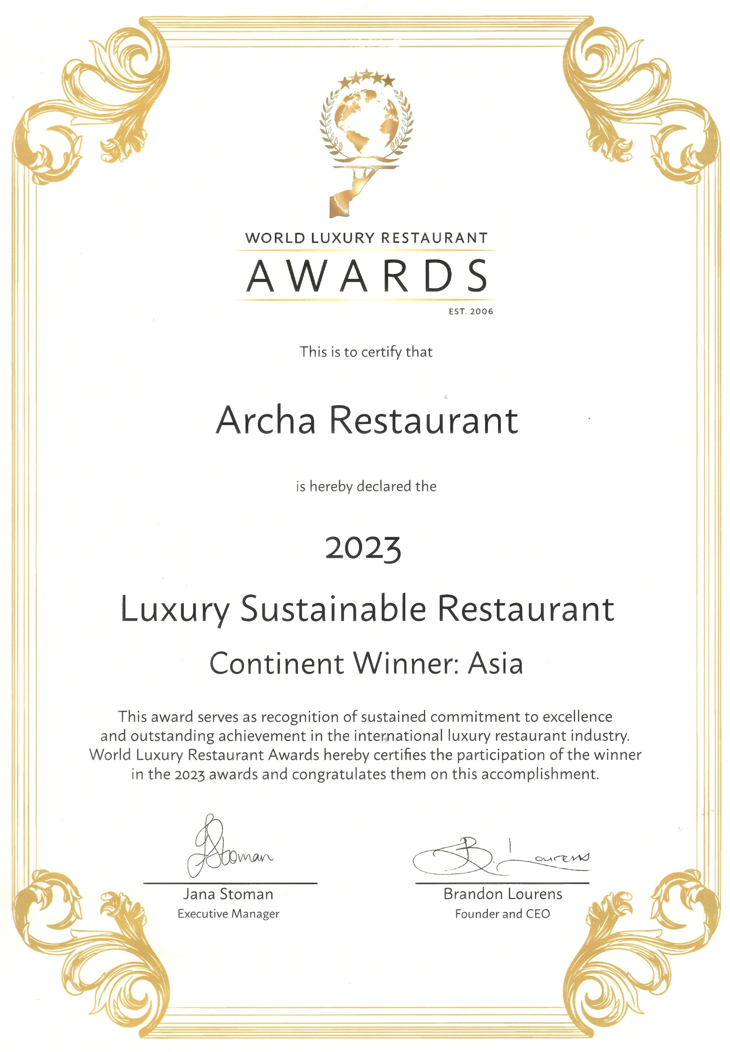 World Luxury Restaurant Awards 2023 – Best Luxury Sustainable Restaurant in Asia awarded to Archa Restaurant