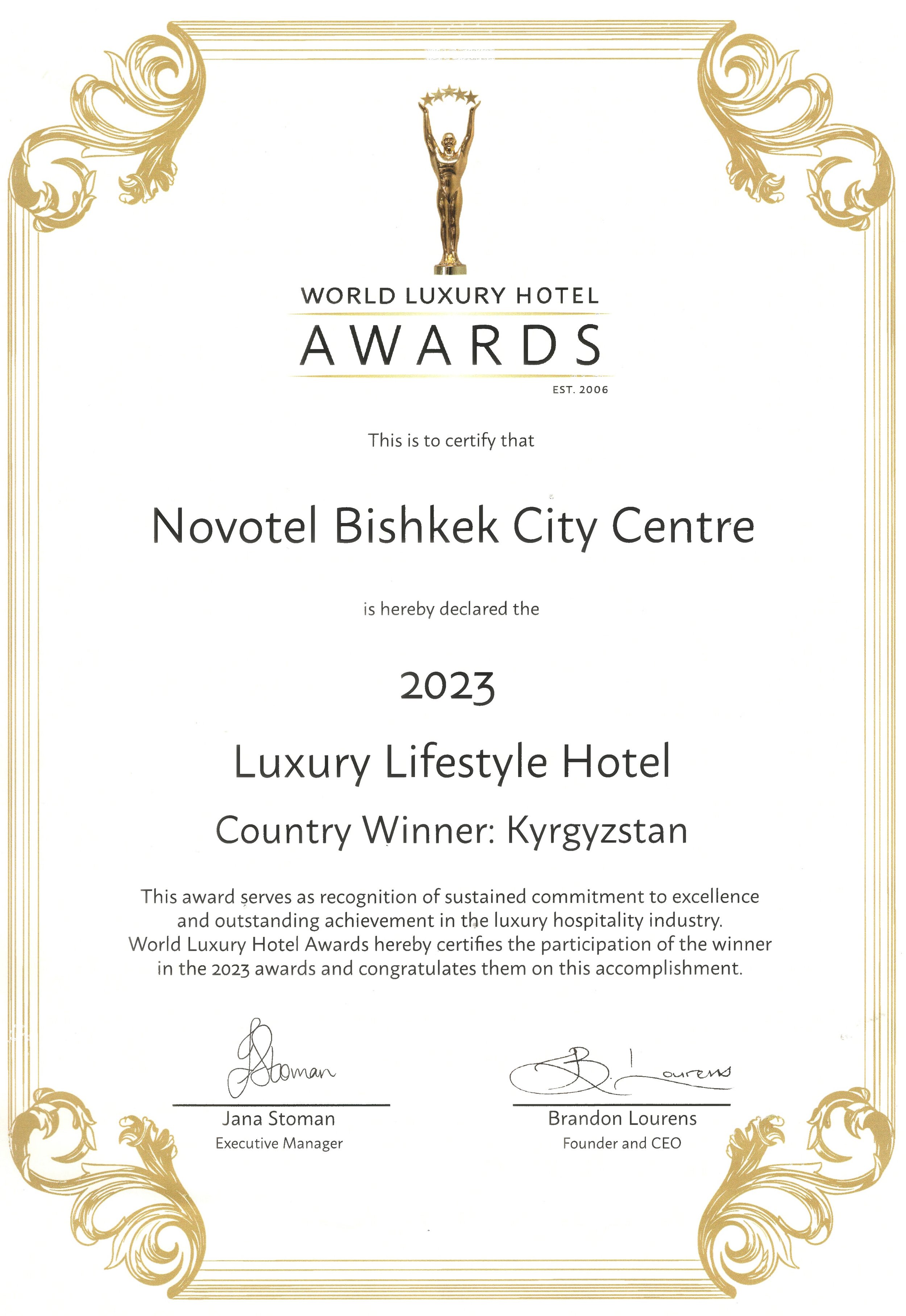 World Luxury Hotel Awards 2023 – Best Luxury Lifestyle Hotel in Kyrgyzstan awarded to Novotel Bishkek City Centre