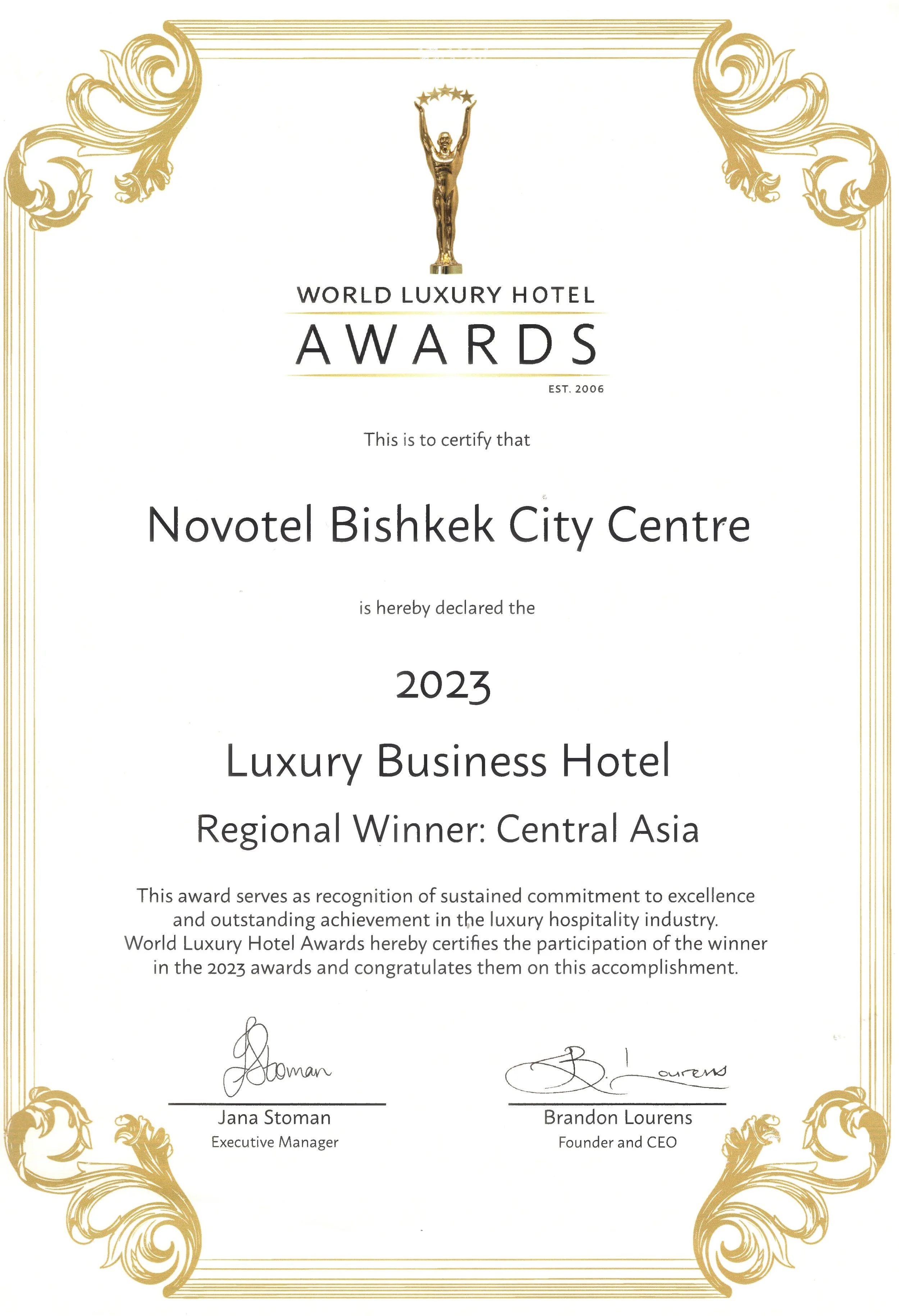 World Luxury Hotel Awards 2023 – Best Luxury Business Hotel in Central Asia awarded to Novotel Bishkek City Centre