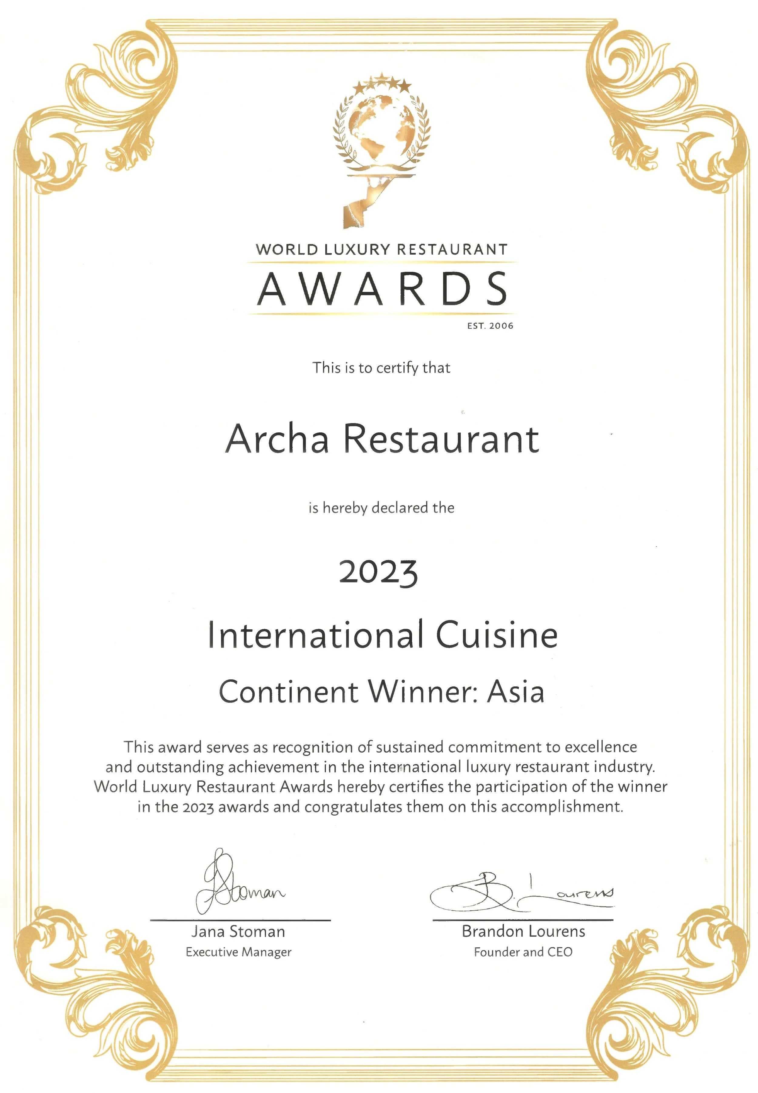 World Luxury Restaurant Awards 2023 – International Cuisine Restaurant awarded to Archa Restaurant, Novotel Bishkek City Centre