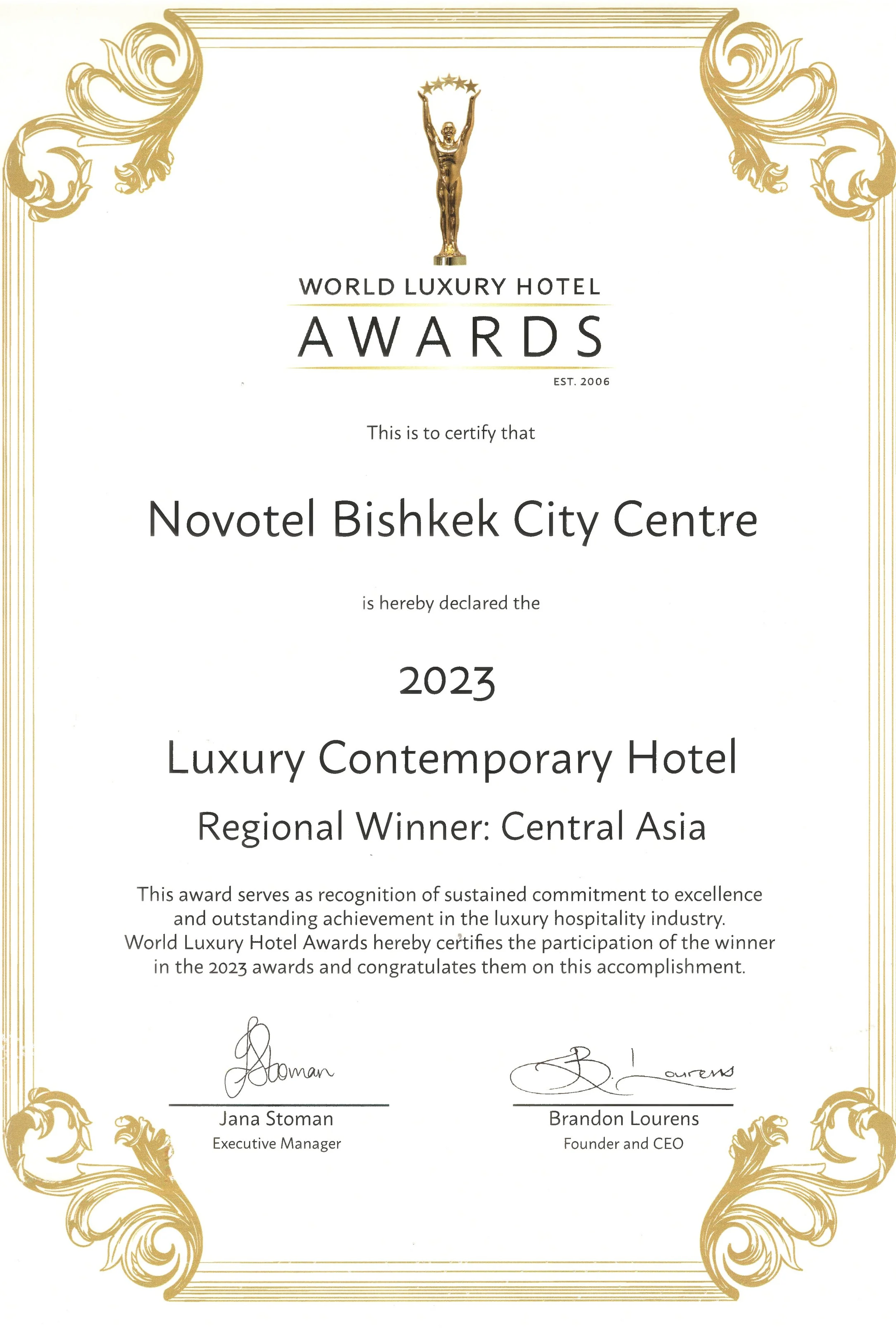 World Luxury Hotel Awards 2023 – Best Luxury Contemporary Hotel in Central Asia awarded to Novotel Bishkek City Centre
