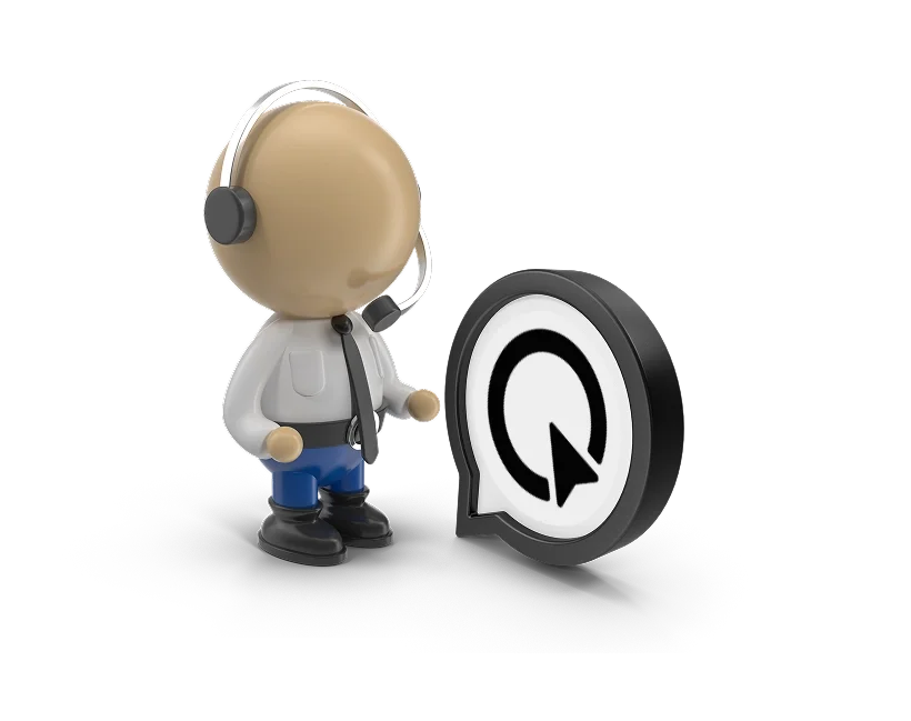 A stylized figure of a person dressed in business attire wearing a headset with a microphone, standing next to a large chat bubble icon with a cursor arrow inside.