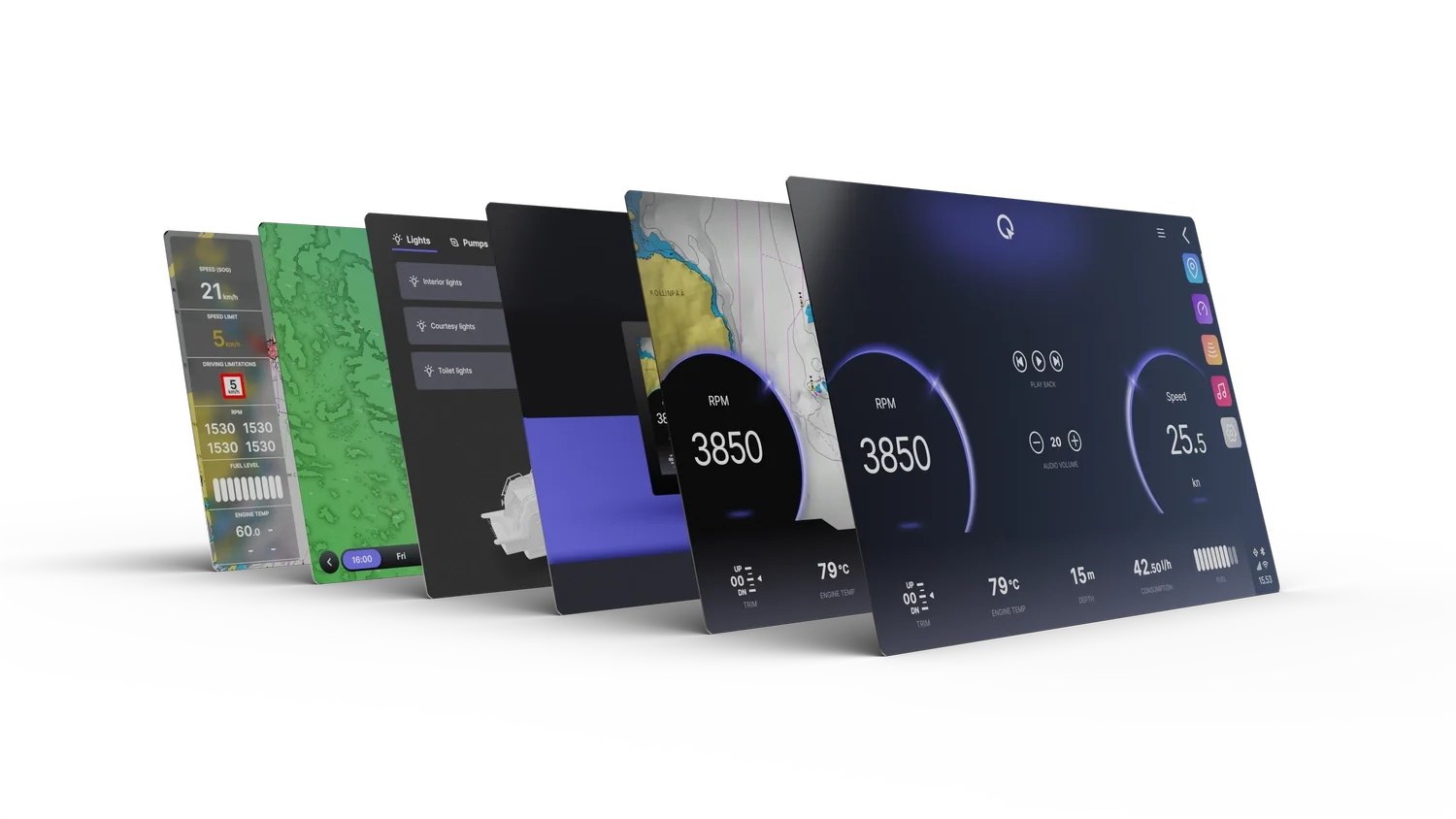 Futuristic digital dashboards displaying various data such as speed, temperature, navigation maps, and vehicle information in overlapping layers against a black background.
