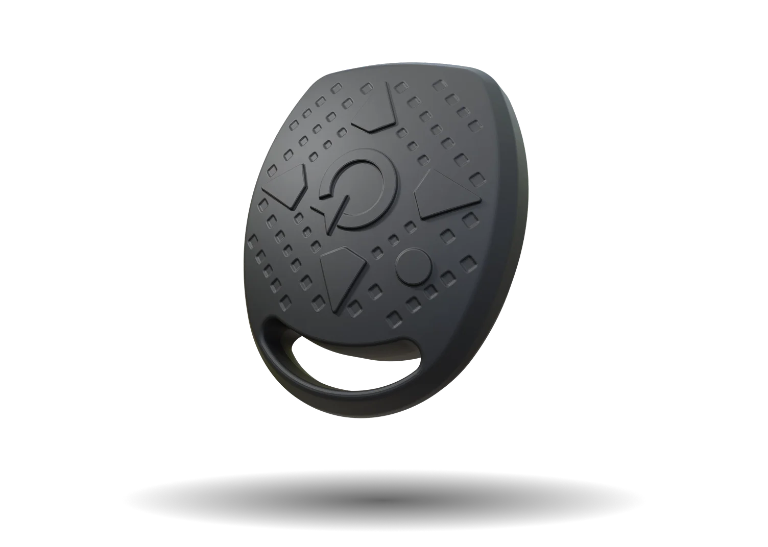 A black remote control unit floating above a black surface and casting a shadow.