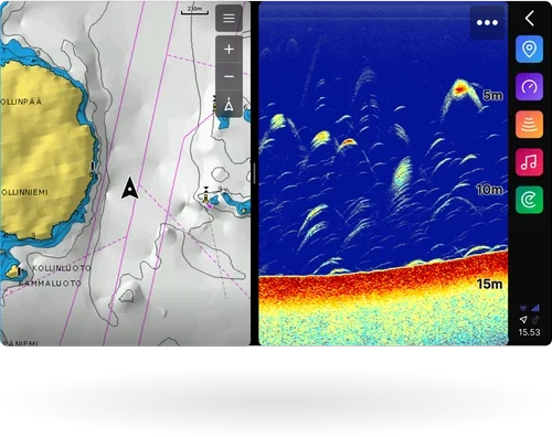 Image of split view with chart and fishfinder