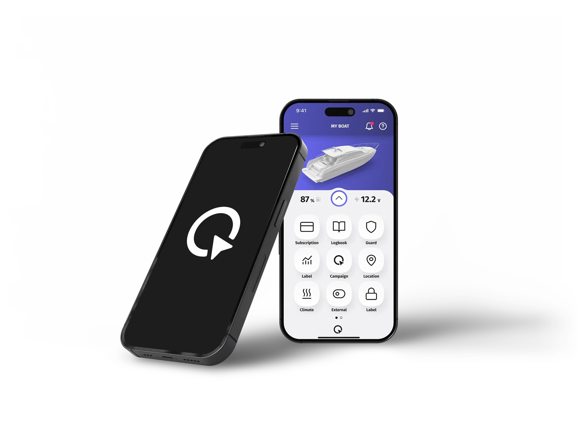 Two smartphones, one showing a splash screen and the other displaying a boat control app interface with battery percentage, voltage, and various feature icons, against a black background.