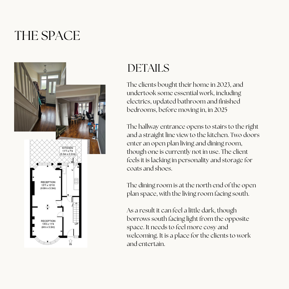 The space in the Priory project for review - a entrance hallway and the dining room in a typical 1930's home. The client wanted to inject some personality and colour, and a cohesive feel.