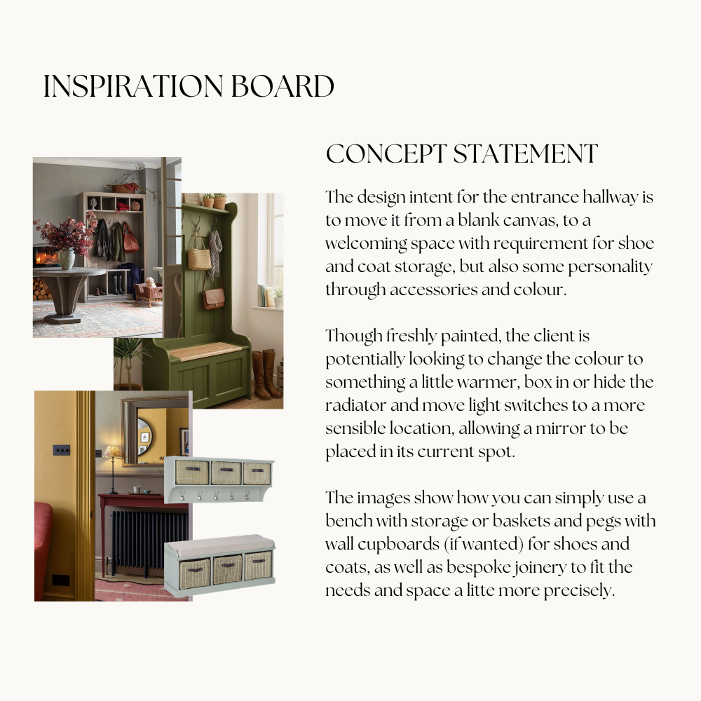 An example of inspiration images for the entrance hallway to give the clients ideas of direction of travel.