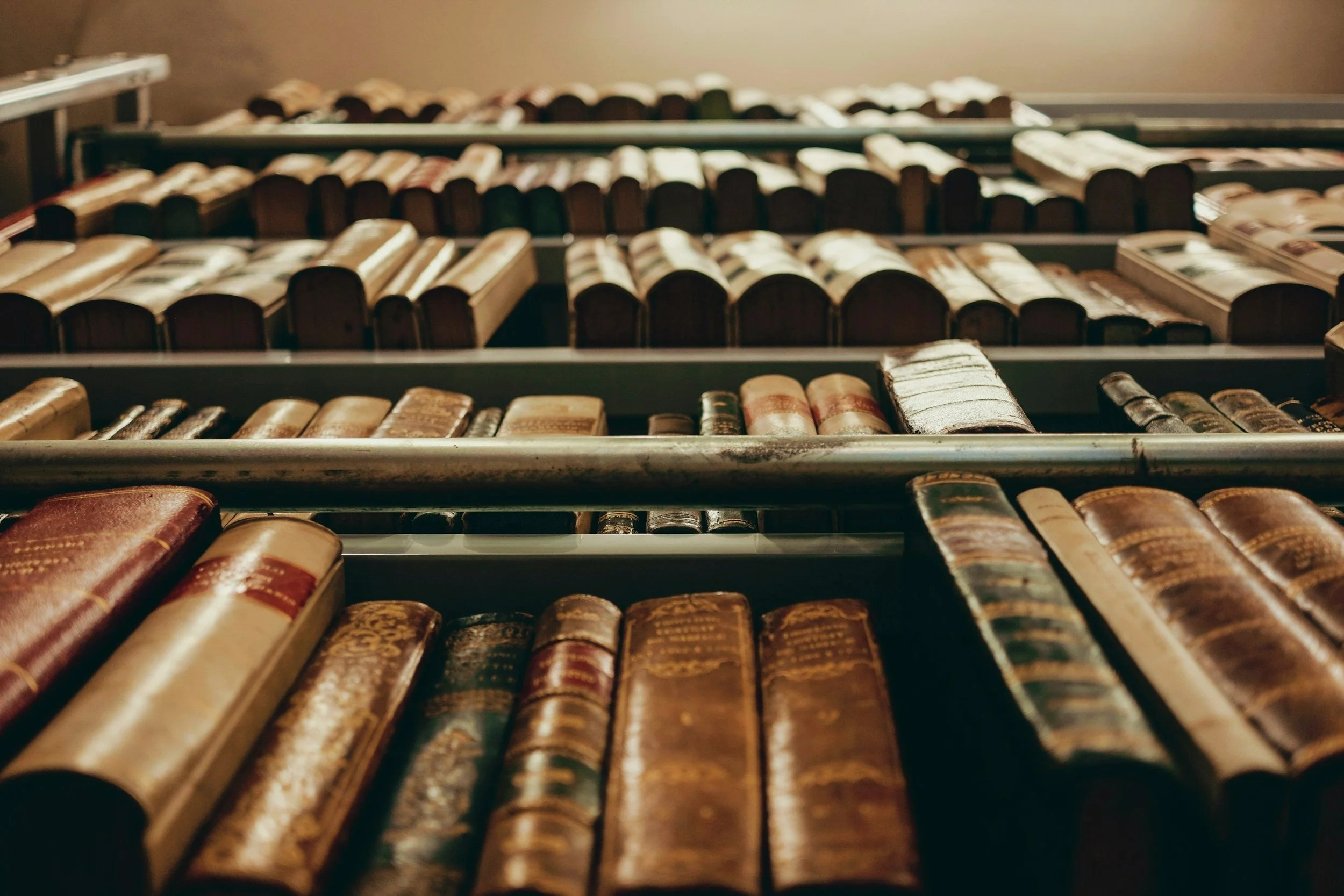 Close-up view of several rows of old, vintage books with leather-bound and hardcover spines stored on metal shelves, seen from below.