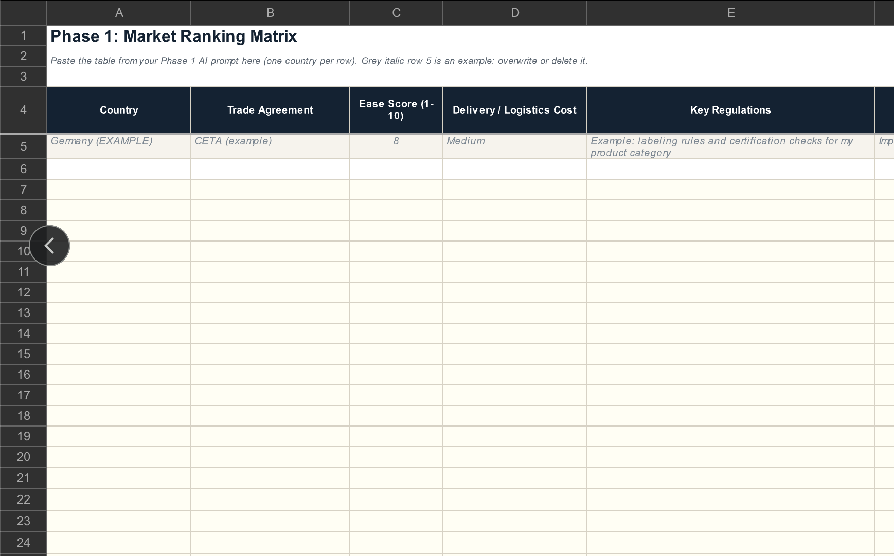 Market Ranking Matrix spreadsheet