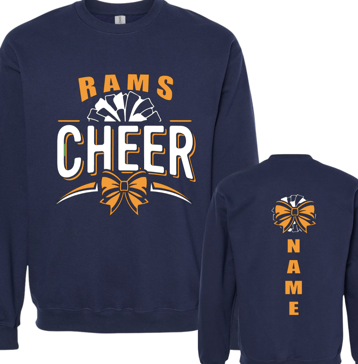 Custom Rams Cheer Sweatshirt with Athlete Name on Back - Glitter Option!