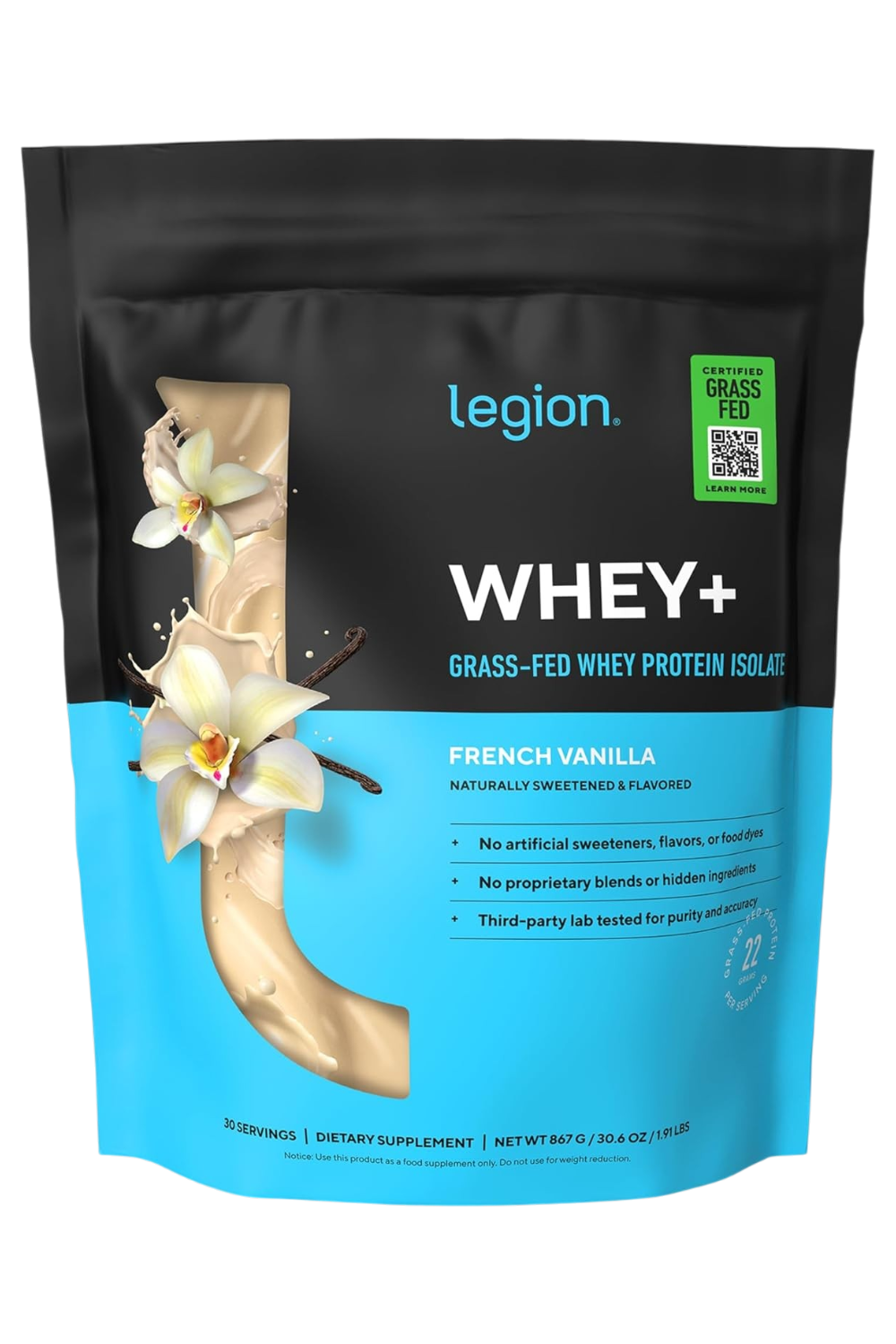This image shows a Legion WHEY+ grass fed protein isolate bag with french vanilla flavor and 30 servings.
