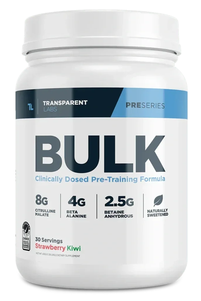 This image shows a tub of Transparent Labs' BULK pre-training formula with about 30 servings.
