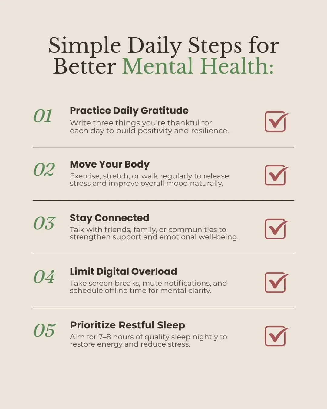 5 simple habits for better mental health ✨ Learn more about mindfulness, burnout, emotional recovery, and mental health conditions on our website linked in bio.

#mentalhealth  #mentalhealthmatters #stressmanagement #mindset #mentalhealthawareness