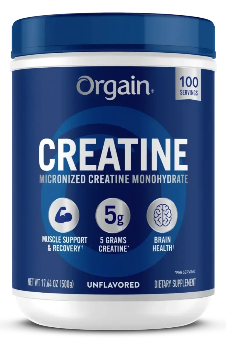 This image shows a tub of Orgain micronized creatine monohydrate powder, 100 servings.