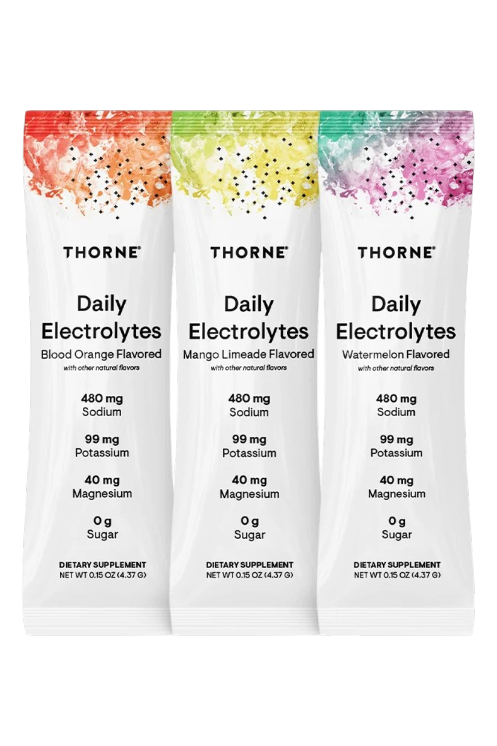 This image shows three different flavor THORNE daily electrolytes' packets which include: blood orange, mango limeade, and watermelon. 