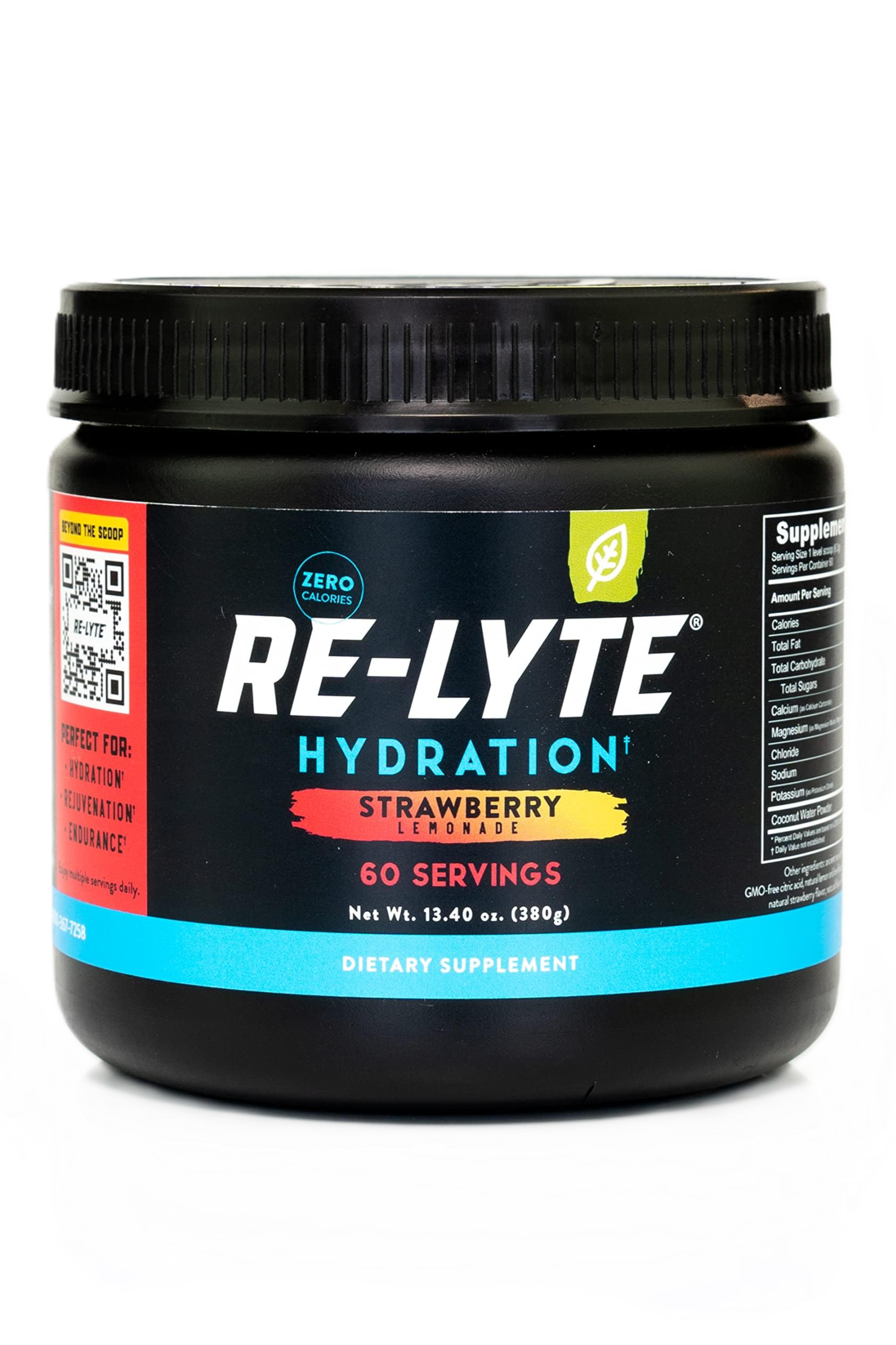 This image shows a small tub of REDMOND Re-Lyte's strawberry lemonade hydration powder with 60 servings.