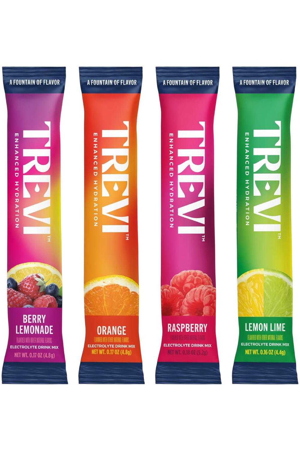 This image shows 4 packets of TREVI everyday electrolytes containing 4 flavors: berry lemonade, orange, raspberry, and lemon lime.