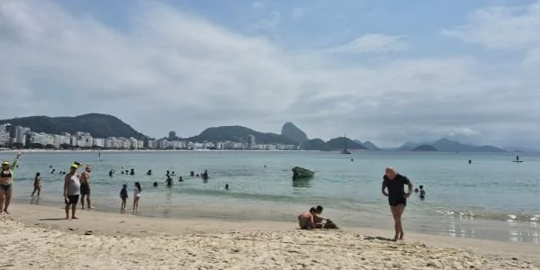 Copacabana Beach in Rio de Janeiro with the sugarloaf view in the background
