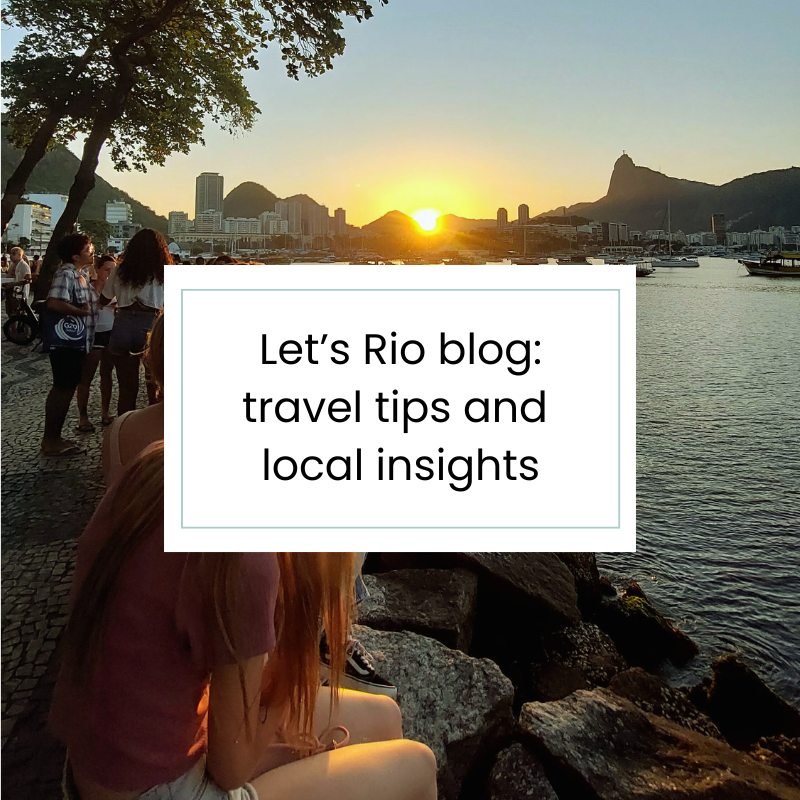 People watching the sunset by the waterfront in Rio de Janeiro, with the silhouette of Sugarloaf Mountain in the background.