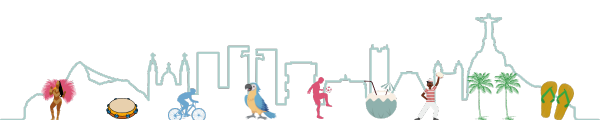 Illustration showing Rio de Janeiro's landmarks starting with the Sugarloaf mountain and ending with Christ the Redeemer and images of a samba dancer, a guy riding a bike, a parrot, a drink glass and a soccer player
