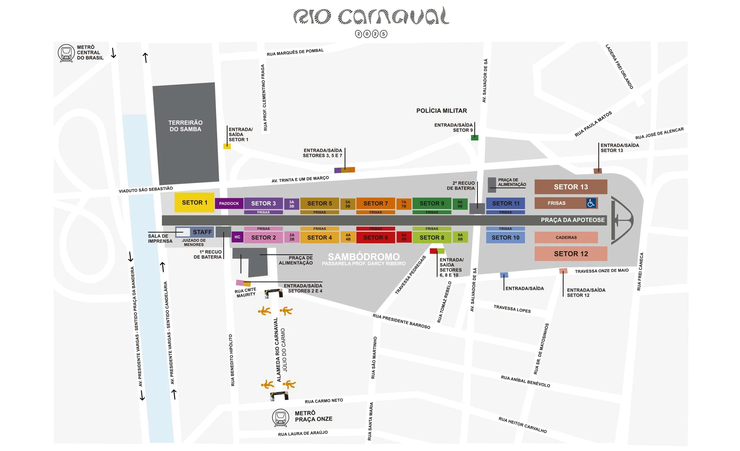 Map showing the samabdrome in Rio de Janeiro with the sectors and metro stations nearby