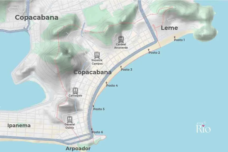 Map of Copacabana, Rio de Janeiro showing the posts and metro stations