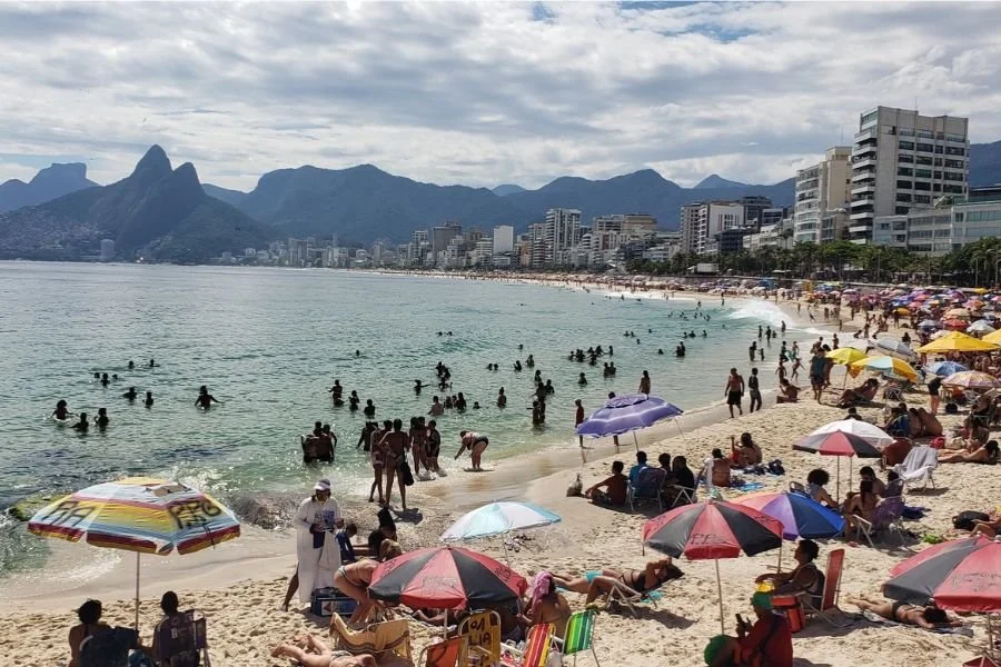 Ipanema Beach at Rio de Janeiro on a busy summer day