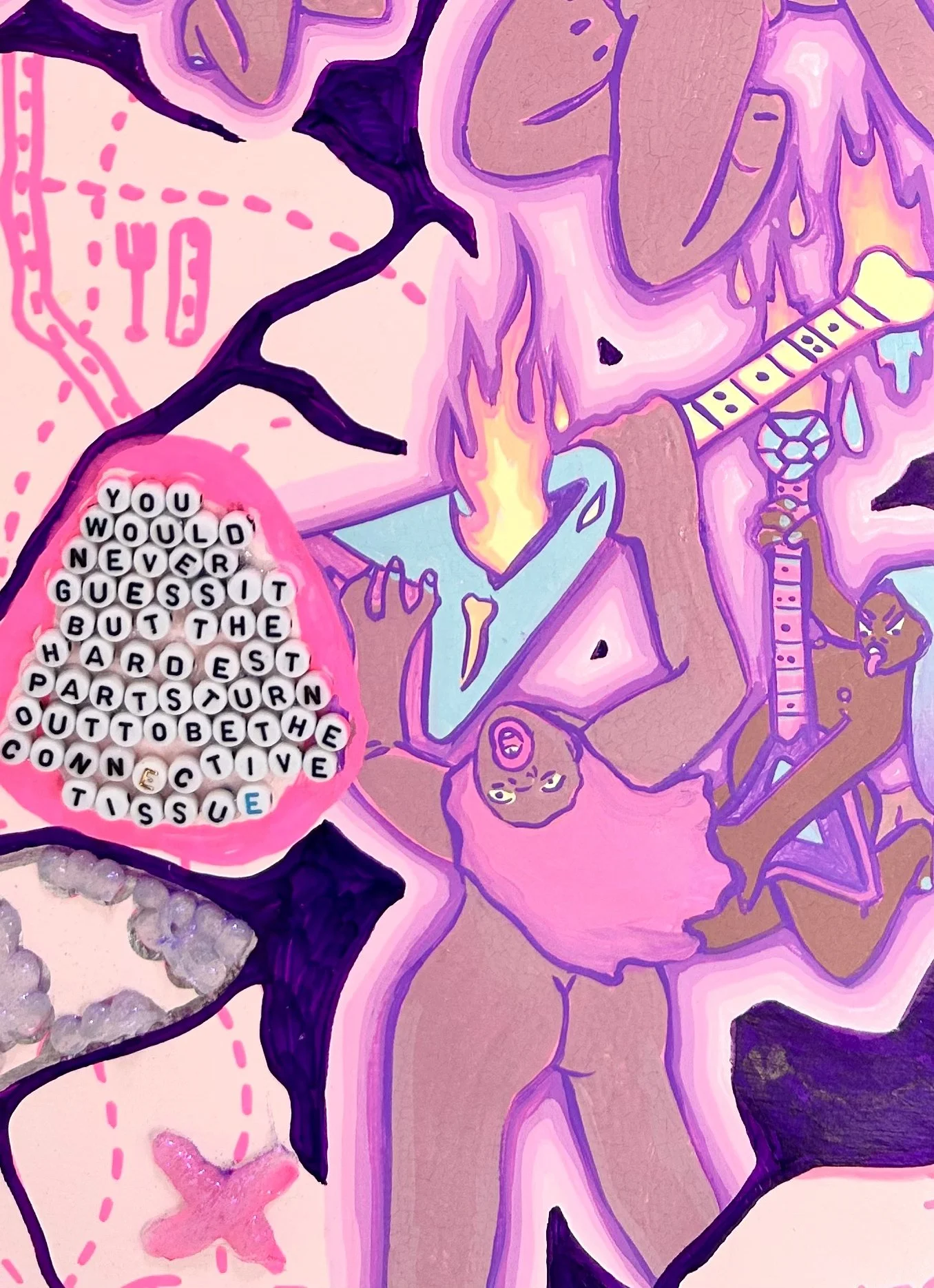 Feel Good Forgotten Map Fragment for Falling Through the Cracks, 2025
Watercolor, embossment, airbrush, gouache, collage, good luck charms, and craft materials on archival paper, 47 x 24 in