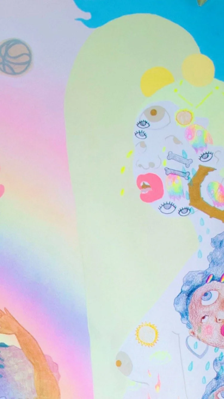 The Taker Takes 
Amaryllis R. Flowers, 2020
41 in x 54 in
Gouache, watercolor, color pencil, fabric, and marker on paper