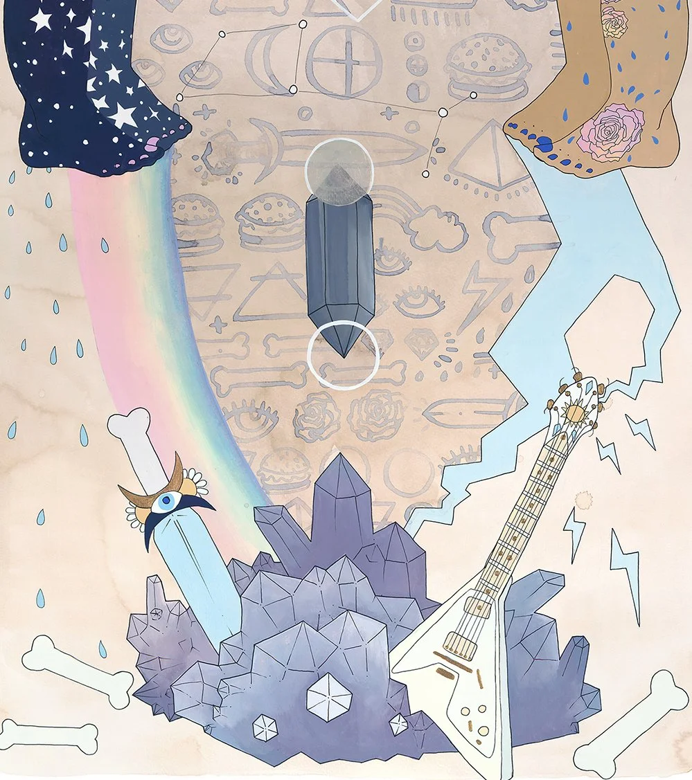 Instructions for a Good Game
Amaryllis R. Flowers, 2016
24 in x 42 in
Gouache, tea, acrylic, watercolor, and marker on paper