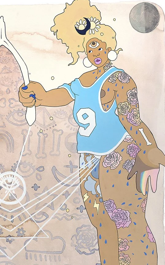 Instructions for a Good Game
Amaryllis R. Flowers, 2016
24 in x 42 in
Gouache, tea, acrylic, watercolor, and marker on paper