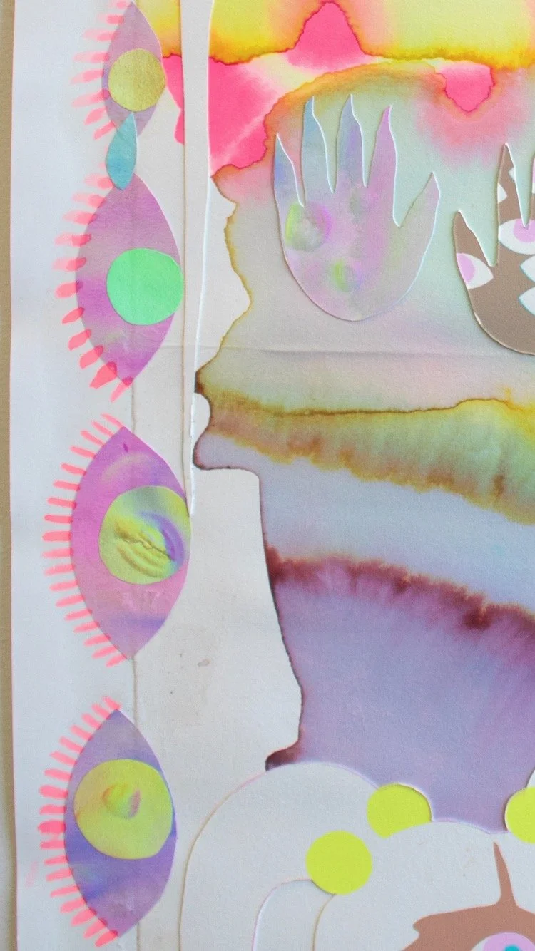 Miss Abyss 
Amaryllis R. Flowers, 2022
18 in x 24 in
Watercolor, embossing, silkscreen, acrylic, and collage on paper