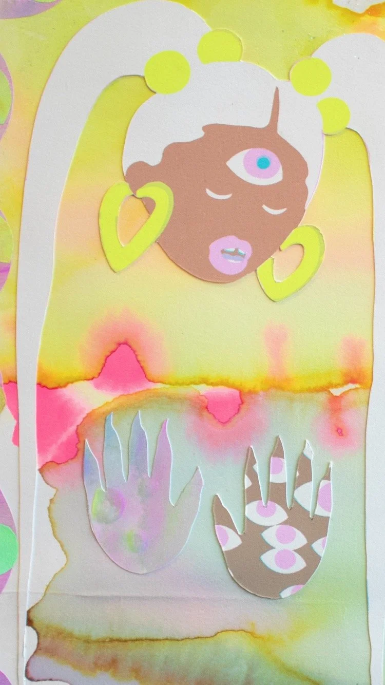 Miss Abyss 
Amaryllis R. Flowers, 2022
18 in x 24 in
Watercolor, embossing, silkscreen, acrylic, and collage on paper