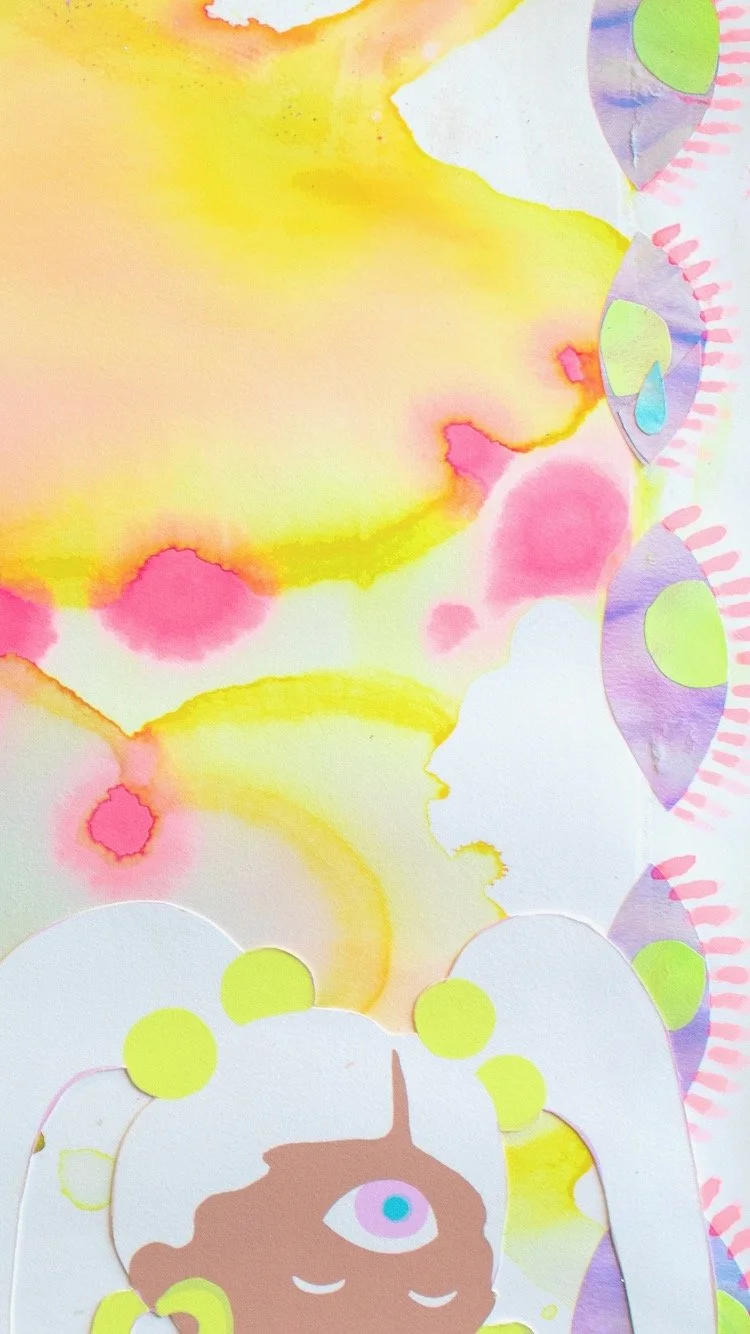 Miss Abyss 
Amaryllis R. Flowers, 2022
18 in x 24 in
Watercolor, embossing, silkscreen, acrylic, and collage on paper