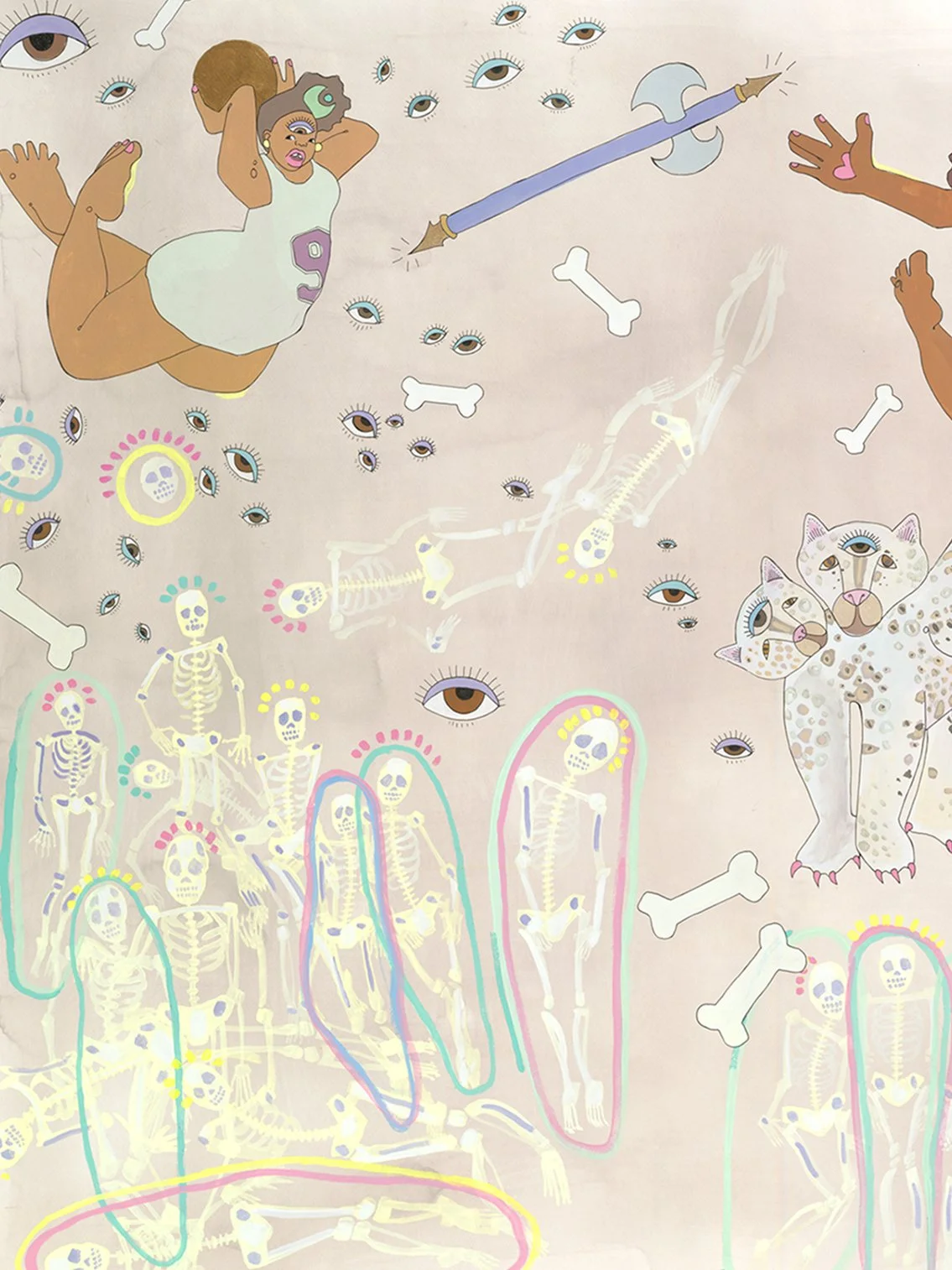 Instructions for a Home Team
Amaryllis R. Flowers, 2015
42 in x 115 in
Gouache, tea, watercolor, acrylic, and marker on paper