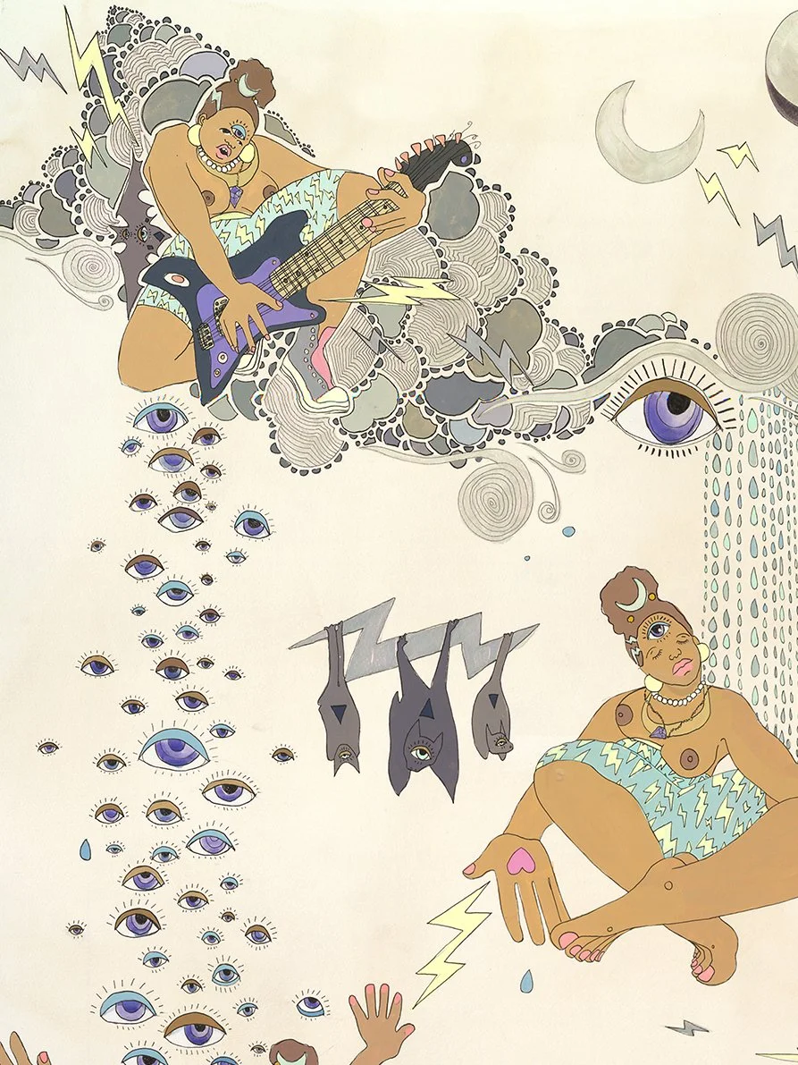 Instructions for a Storm
Amaryllis R. Flowers, 2014
42 in x 87 in
Gouache, tea, acrylic, and marker on paper