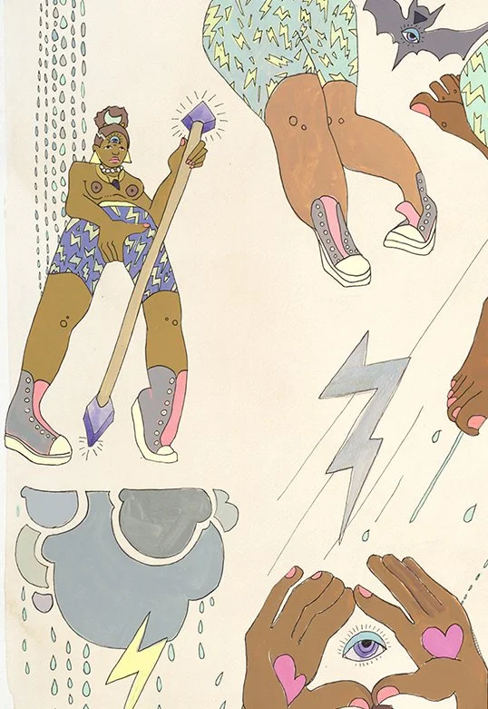 Instructions for a Storm
Amaryllis R. Flowers, 2014
42 in x 87 in
Gouache, tea, acrylic, and marker on paper