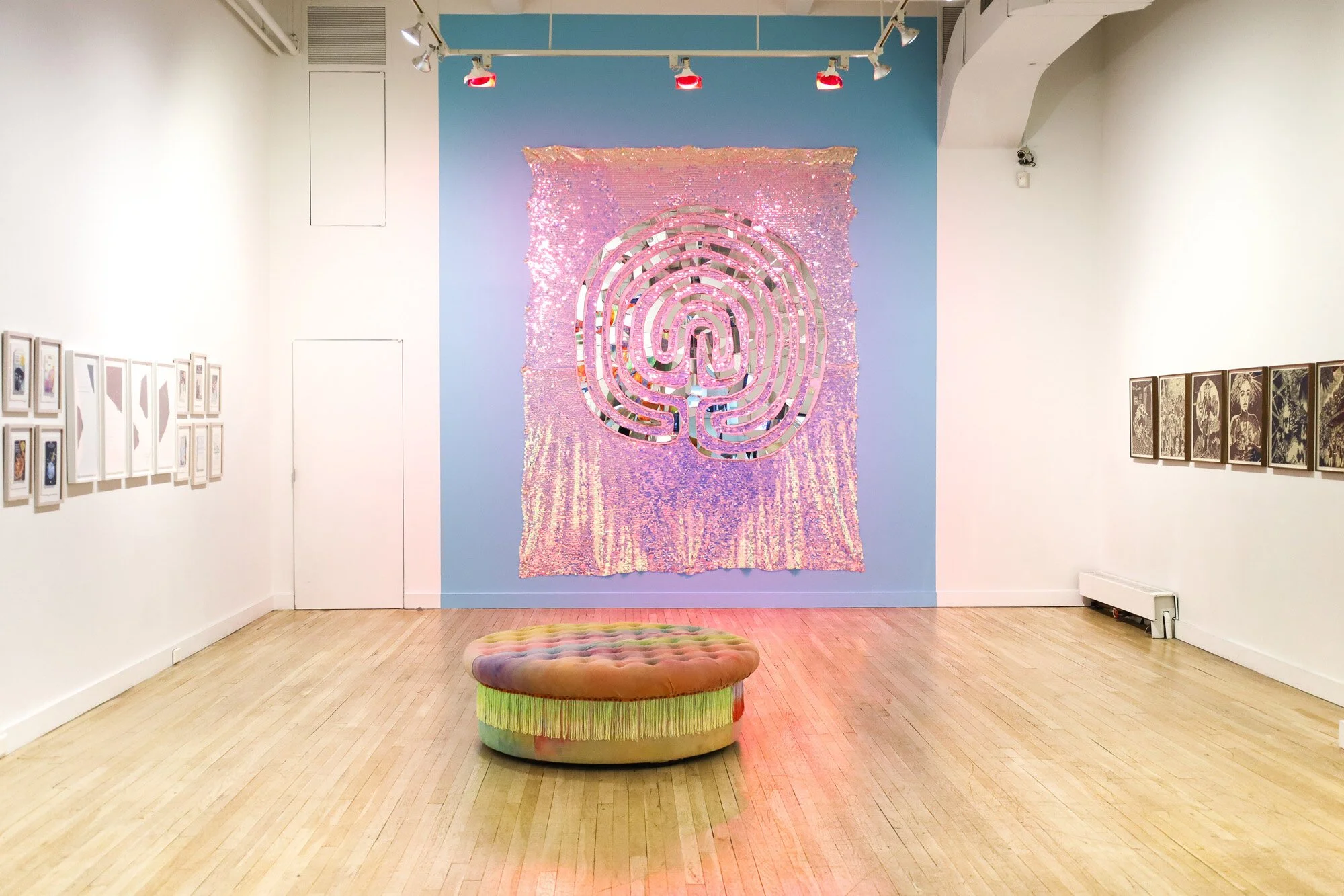 Good Grief
Amaryllis R. Flowers, 2019-present
108 in h x 132 in w
Installation
Sequined fabrics, holographic textile, video, cracked mirror and light