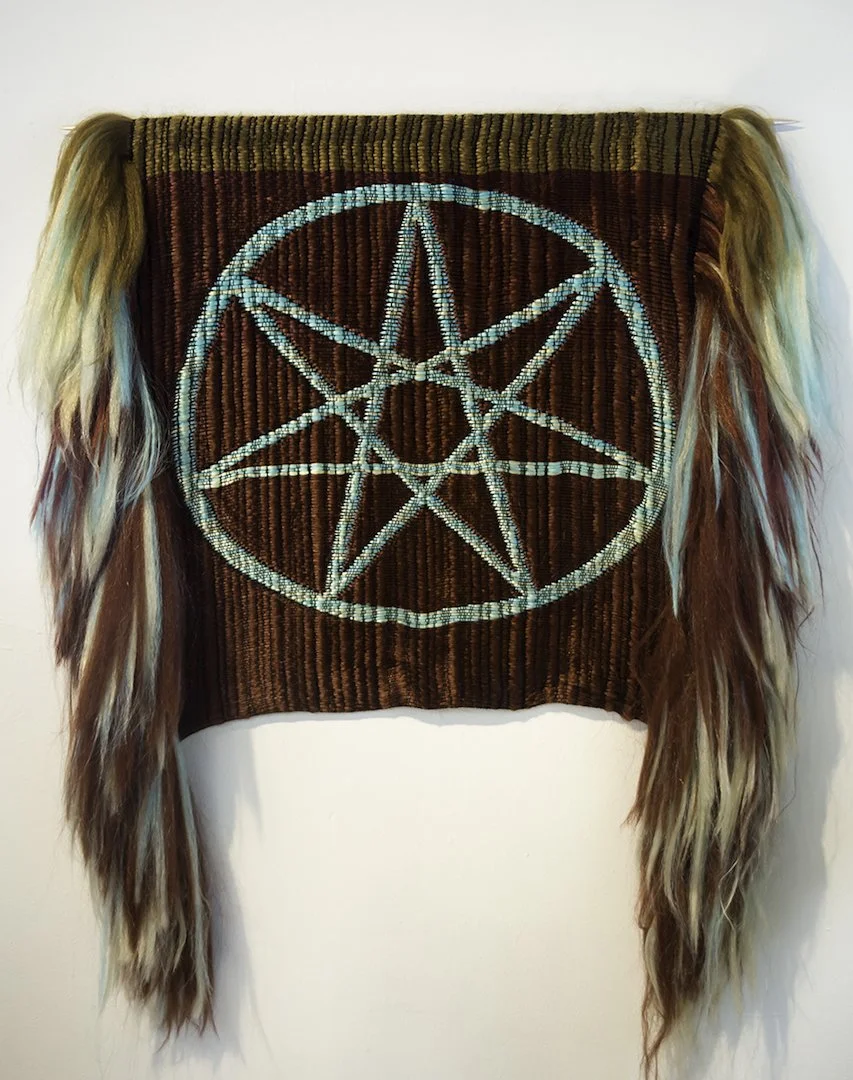 Weave For Synch, 2015
Synthetic braiding hair, carved wood, iridescent paint, black thread