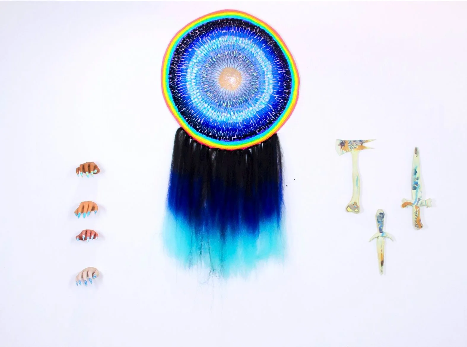 Protective Shield Made from the Remains of 1,000 Warriors
Amaryllis R. Flowers, 2018
36 in x 54 in
Acrylic nails, synthetic human hair, acrylic paint, foam